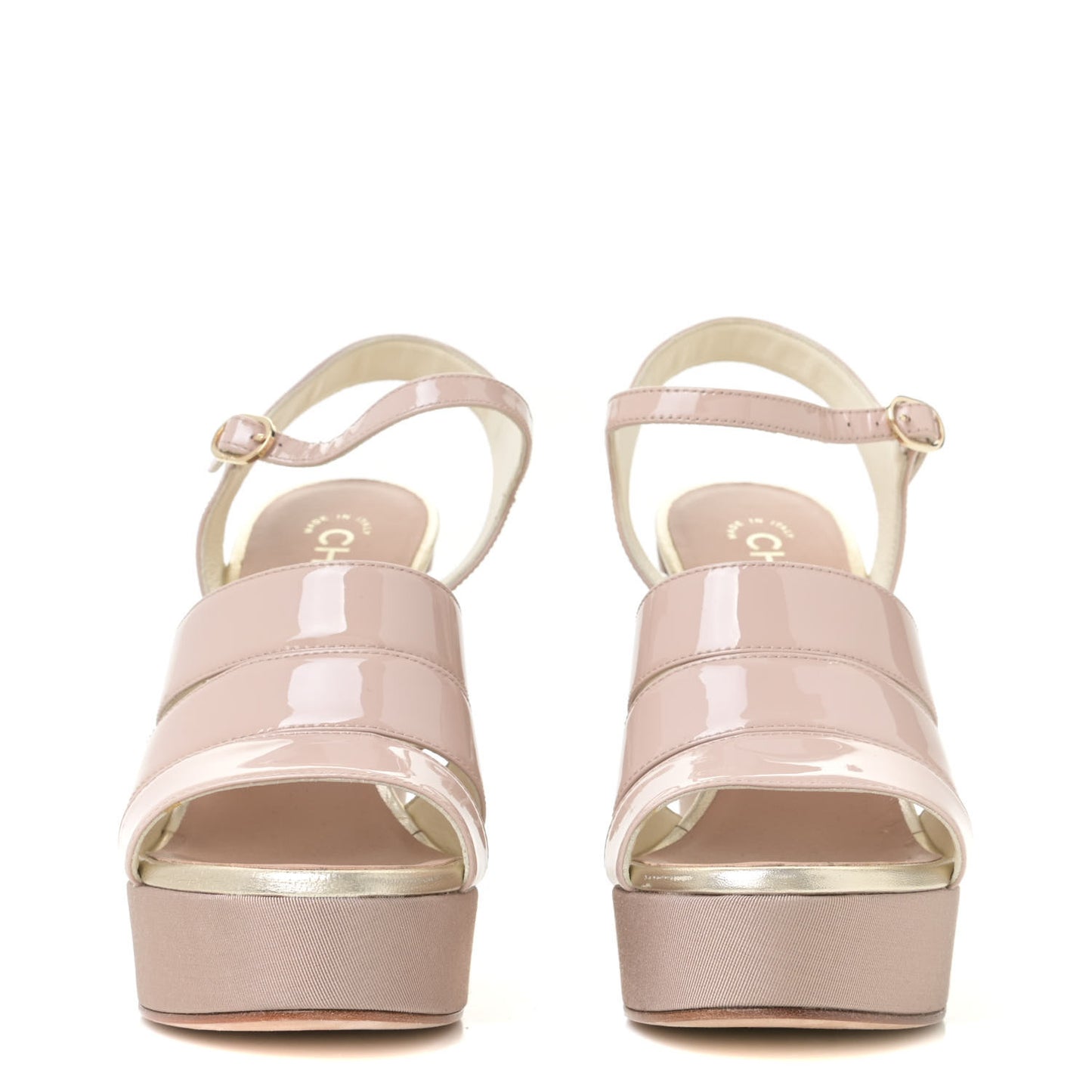 Patent Calfskin Pearl CC Wedge Sandals 39 Light Pink