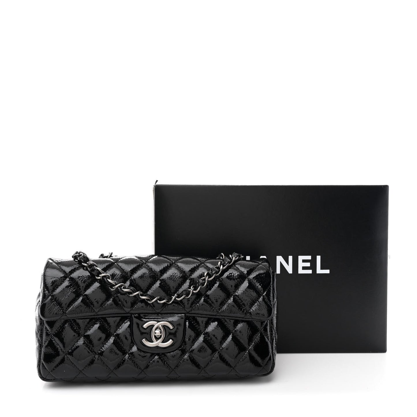Crinkled Patent Quilted East West Flap Black