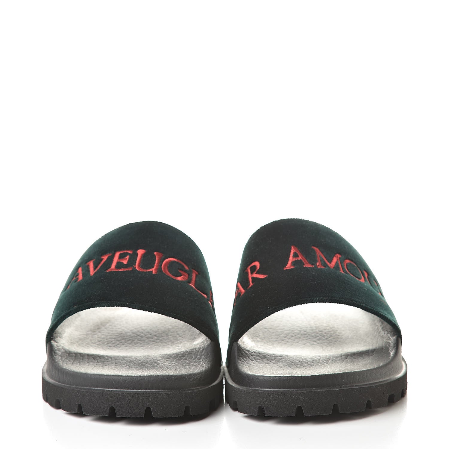 Gucci Velvet Aveugle Par Amour Mens Lug Sole Slide Sandals 7 Green 2 of 8
