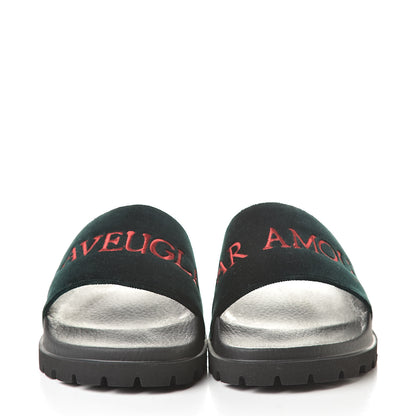 Gucci Velvet Aveugle Par Amour Mens Lug Sole Slide Sandals 7 Green 2 of 8