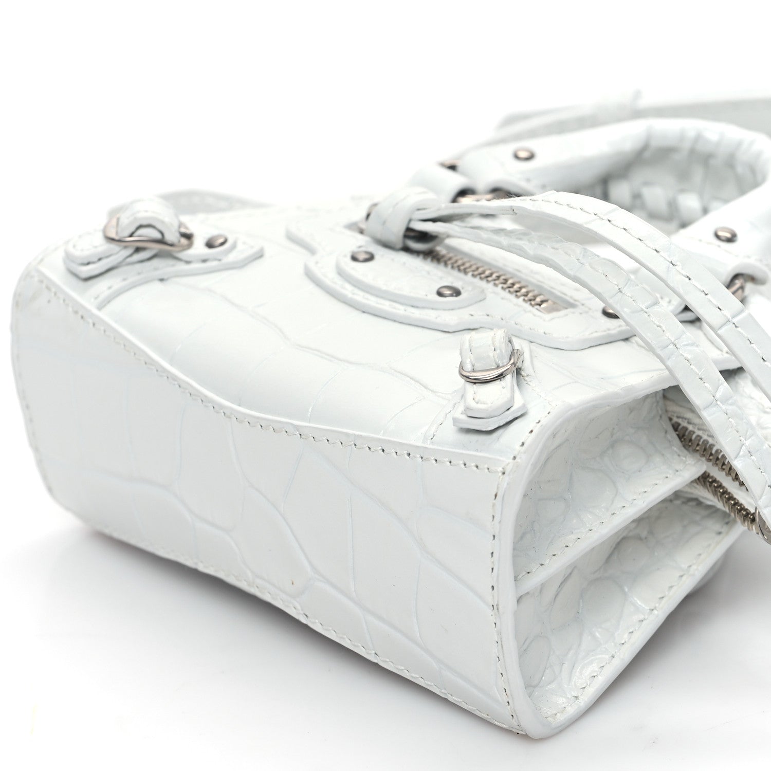 Balenciaga Extra Supple Calfskin Crocodile Embossed Neo Classic Silver Hardware Super Nano City Crossbody White 9 of 14