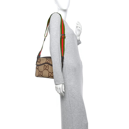 Gucci Monogram Jumbo GG Textured Dollar Calfskin Web Messenger Shoulder Bag Camel Ebony New Acero 2 of 16