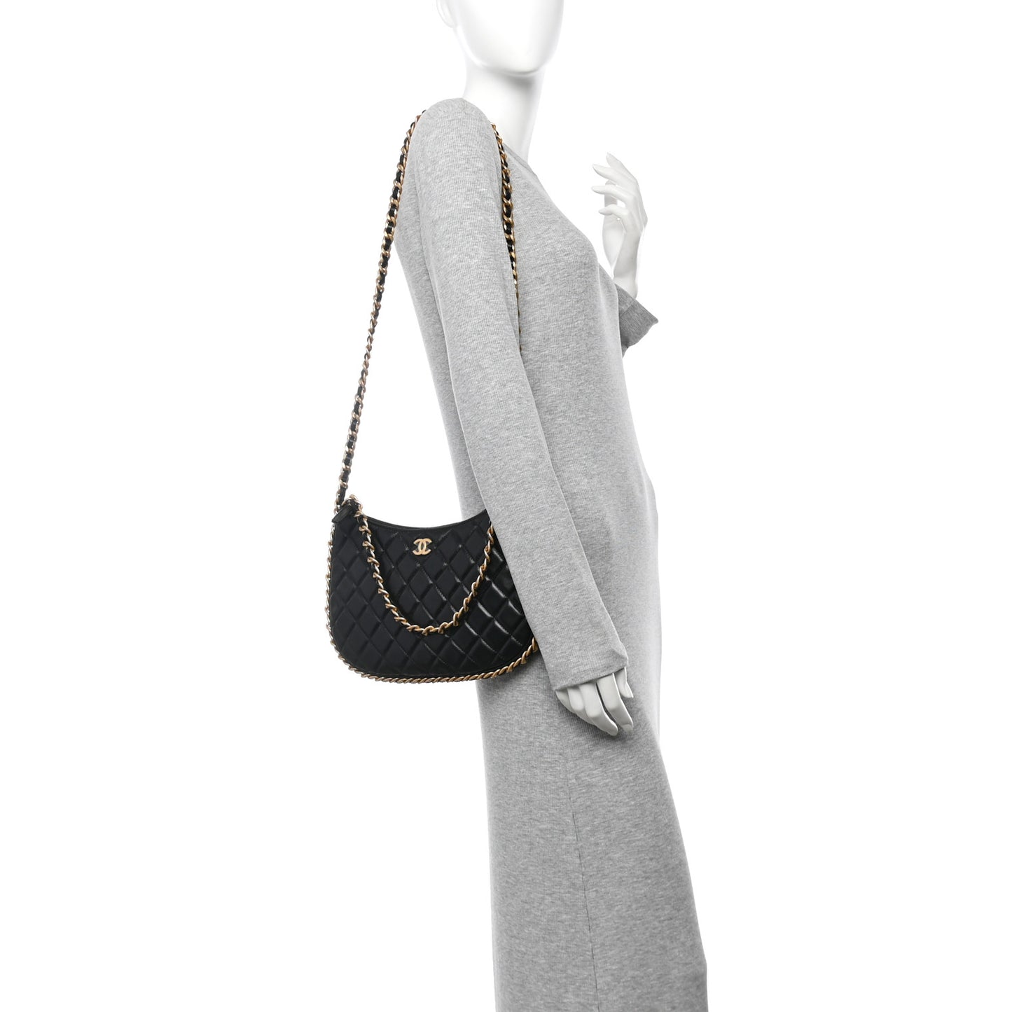 Shiny Crumpled Lambskin Quilted Large Trendy Chain Around Hobo Black