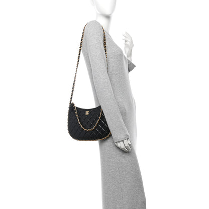 Chanel Shiny Crumpled Lambskin Quilted Large Trendy Chain Around Hobo Black 3 of 10