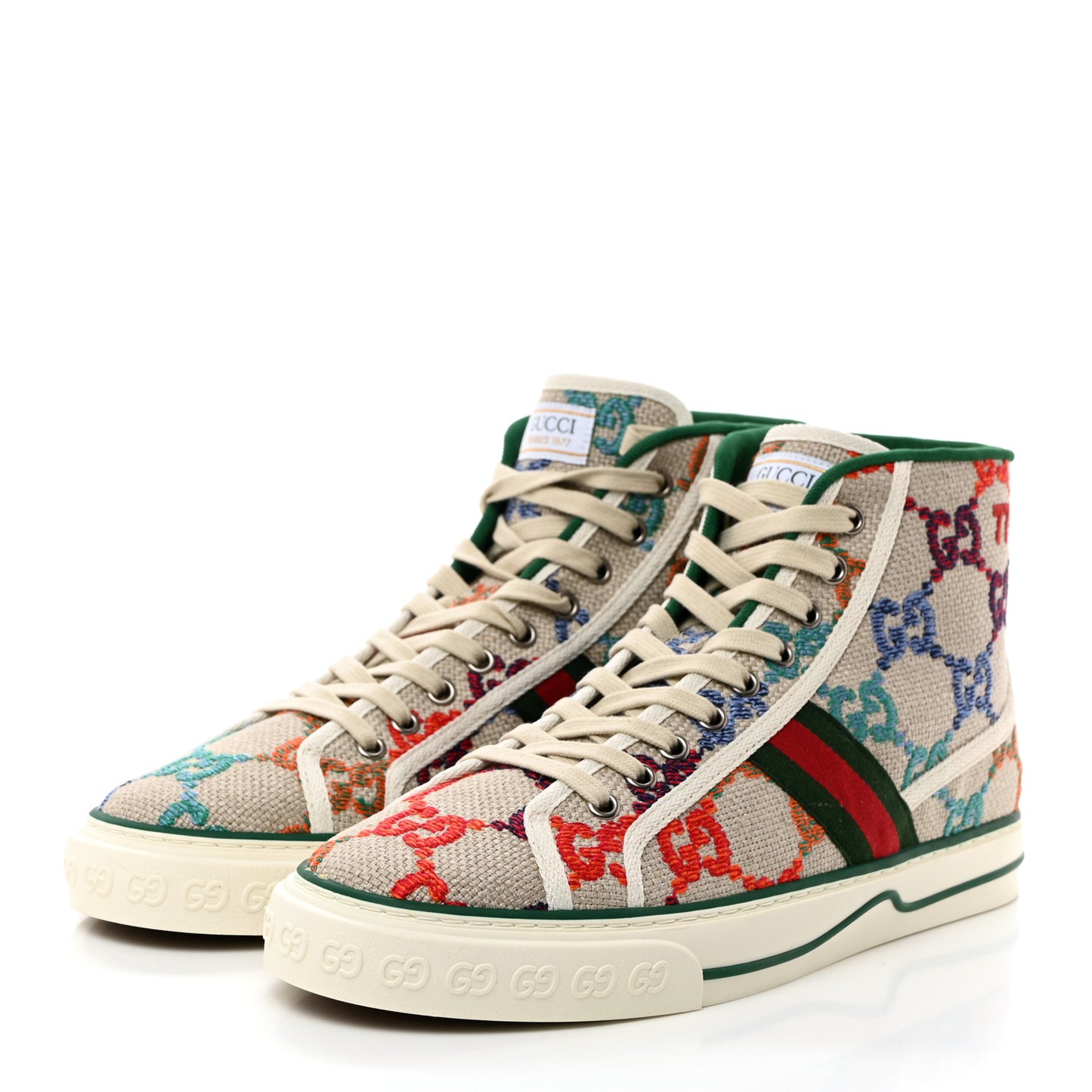 Linen Psychedelic Mini GG Monogram Mens 1977 Tennis High Top Sneakers 8 Multicolor Mystic White