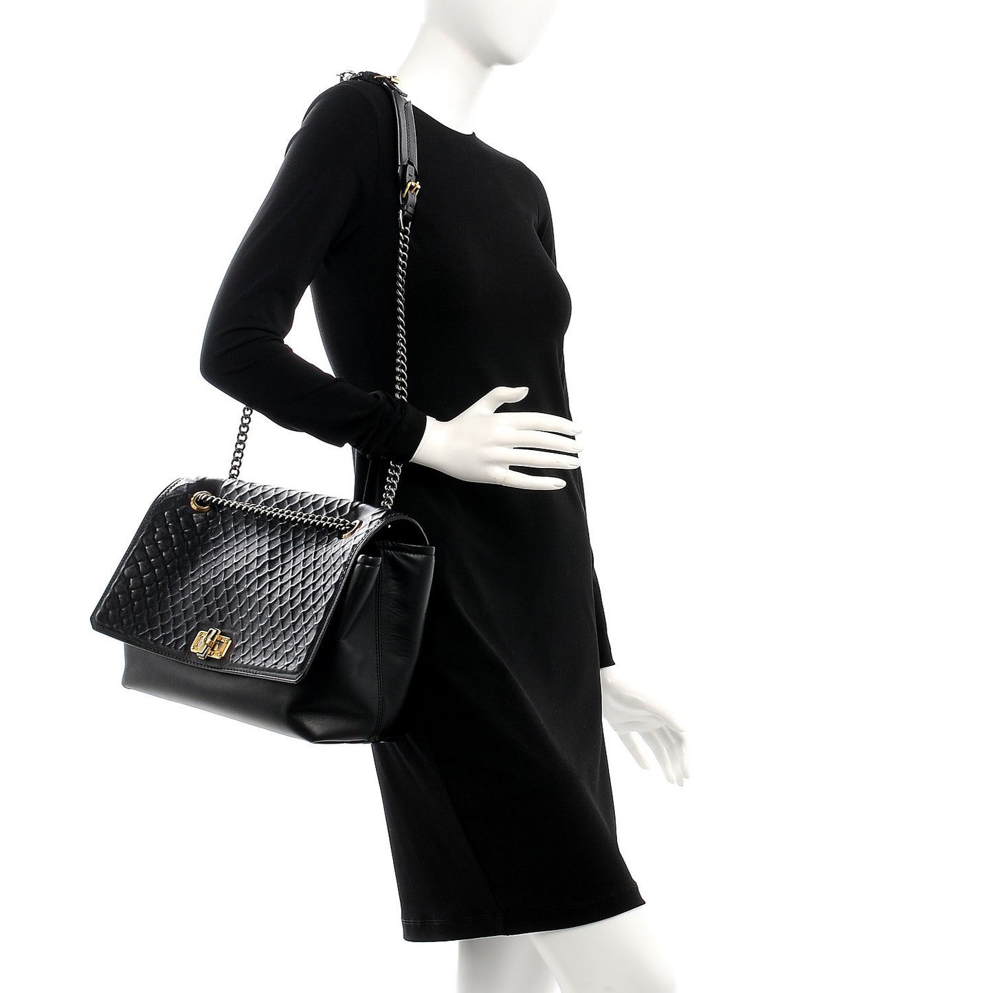 Hammered Calfskin Large Happy Edgy Shoulder Bag Black