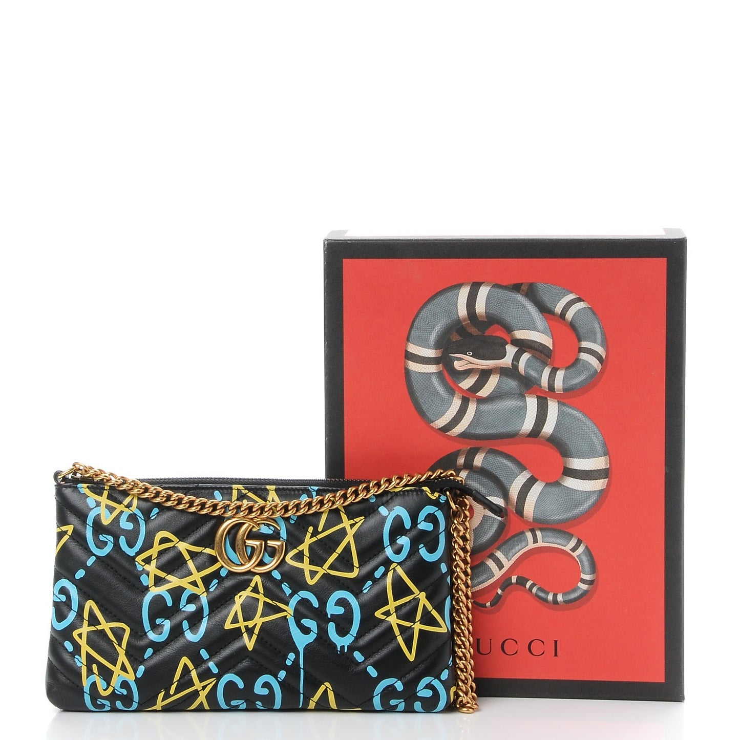 Calfskin Matelasse Printed Mini GucciGhost GG Marmont Chain Bag Black New Acquamarine