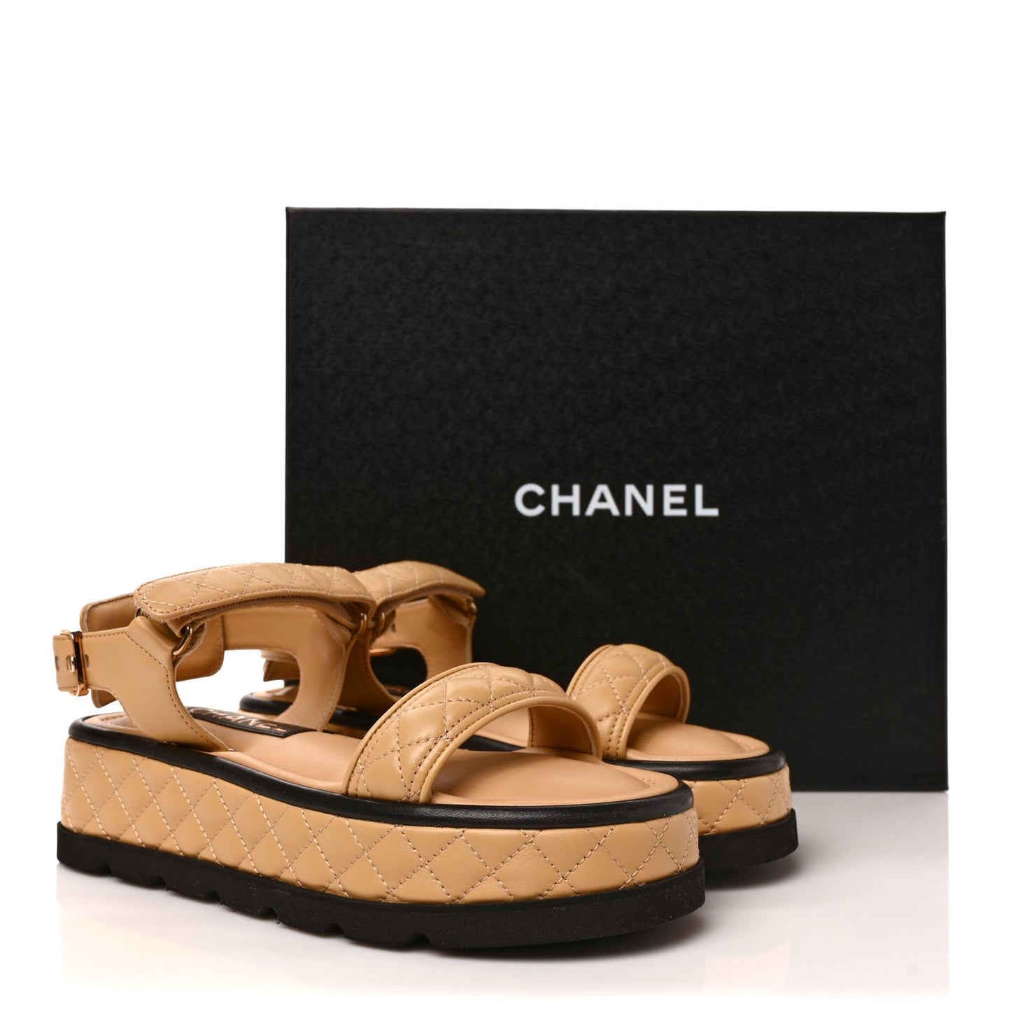 Lambskin Quilted Platform Sandals 37 Beige Black