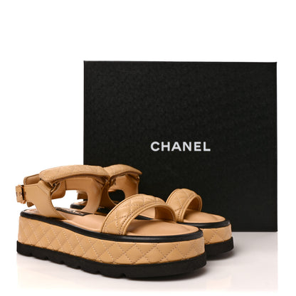 Chanel Lambskin Quilted Platform Sandals 37 Beige Black 10 of 10