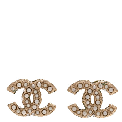 Chanel Metal Graduated Pearl Crystal CC Earrings Light Gold 1 of 6