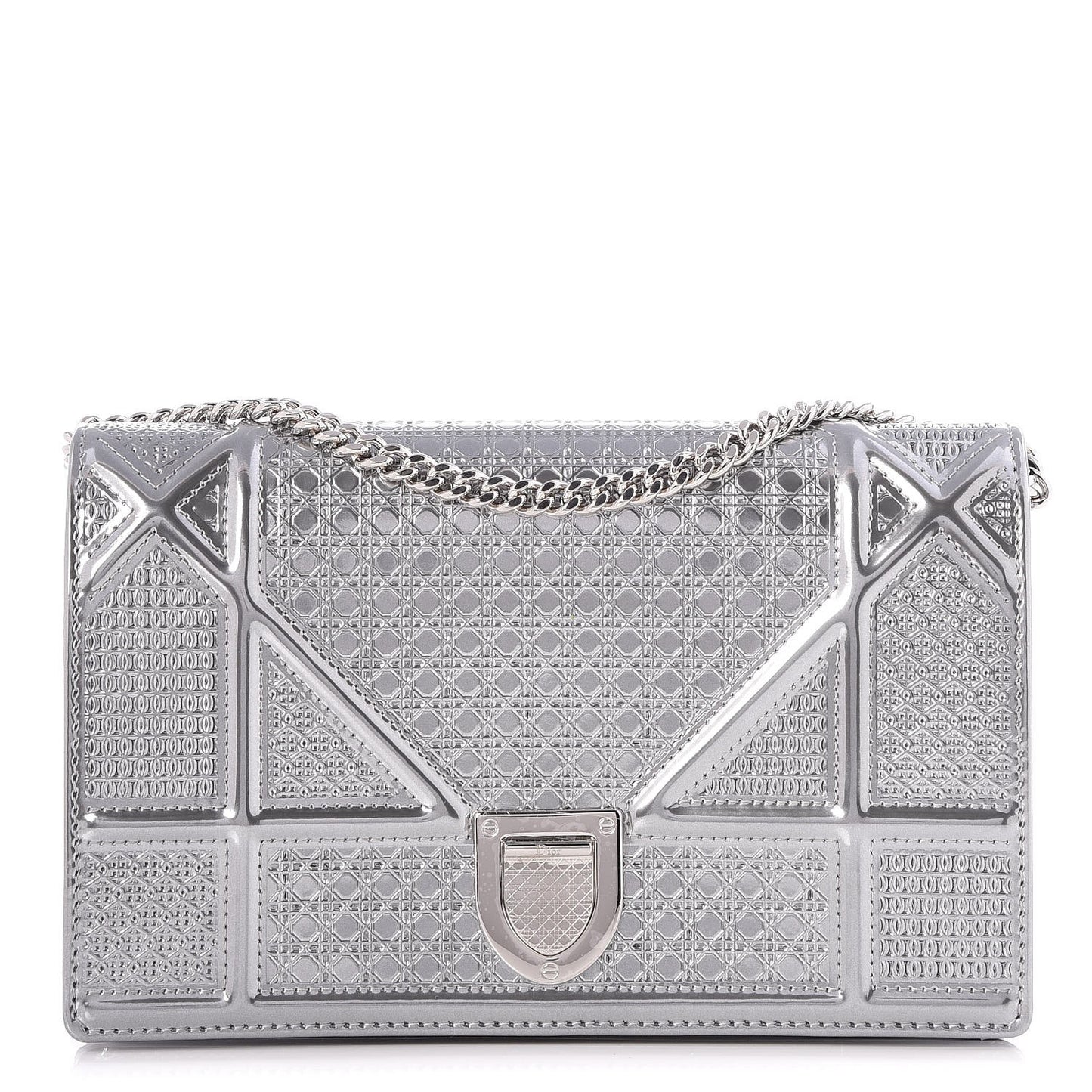 Metallic Patent Micro-Cannage Diorama Wallet on Chain Pouch Silver