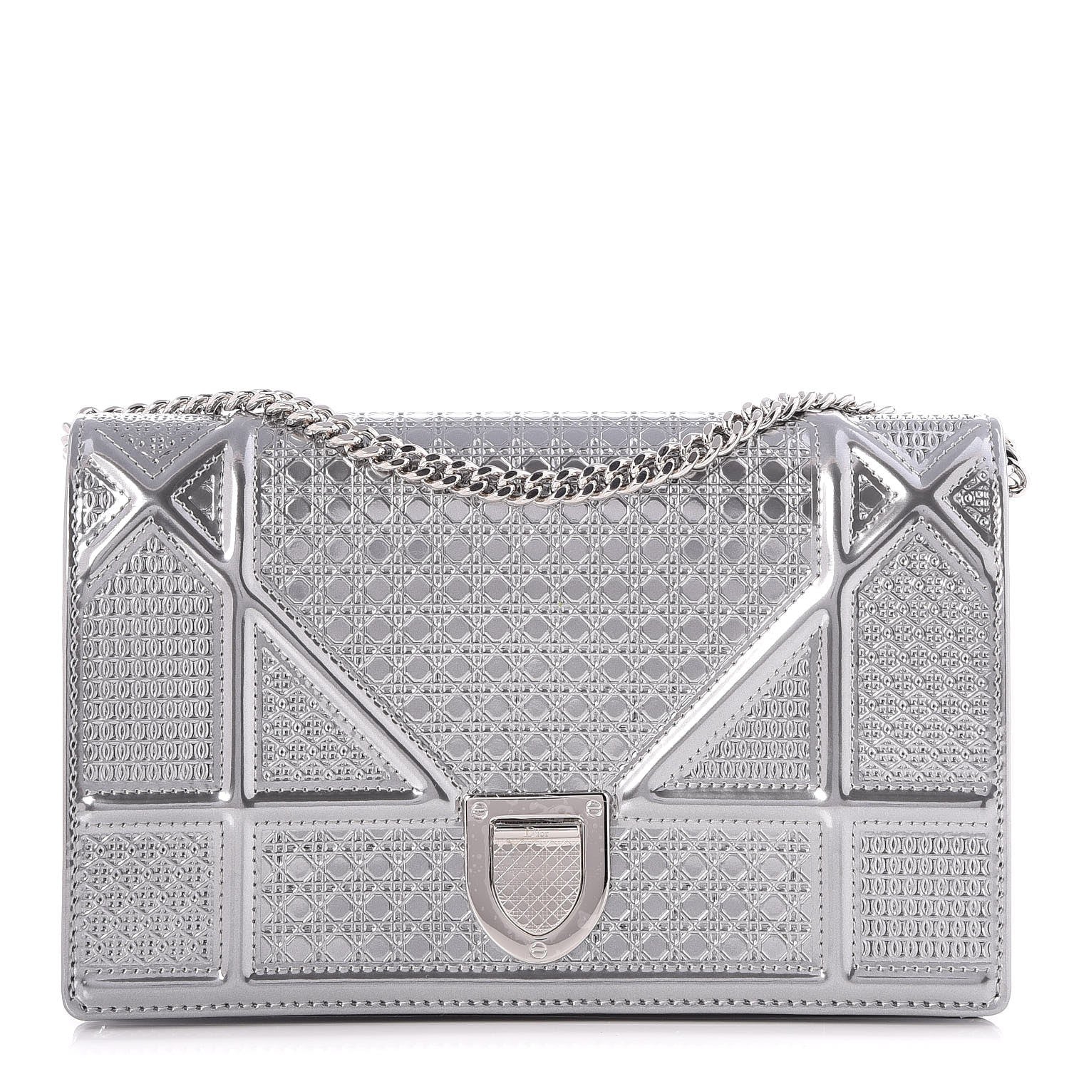 Christian Dior Metallic Patent Micro-Cannage Diorama Wallet on Chain Pouch Silver 1 of 7