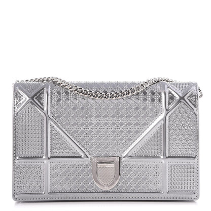 Christian Dior Metallic Patent Micro-Cannage Diorama Wallet on Chain Pouch Silver 1 of 7