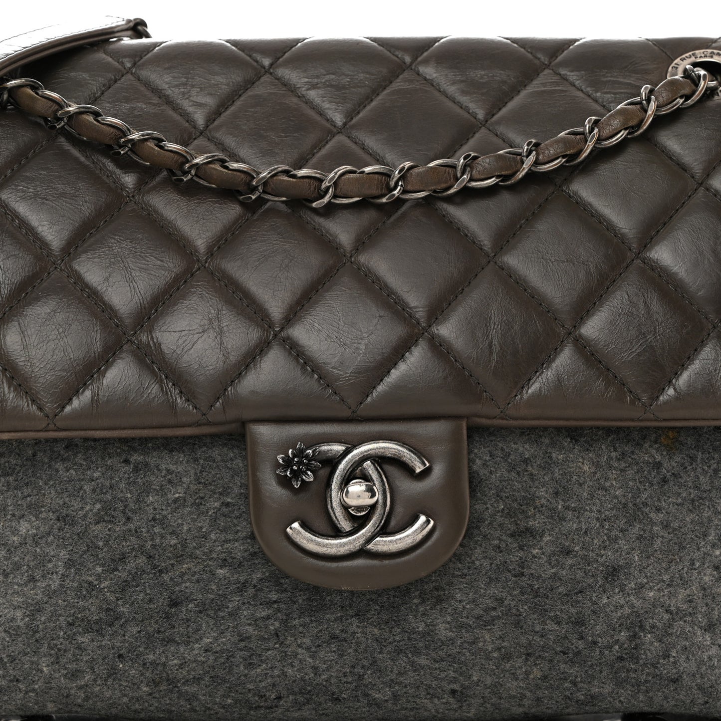 Felt Glazed Calfskin Quilted Edelweiss Flower Flap Grey