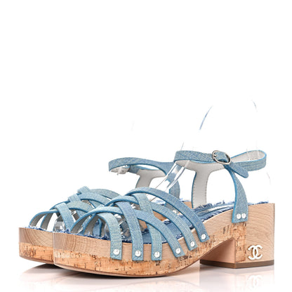 Chanel Fantasy Calfskin Denim Pearl Cork Sandals 39 Blue 3 of 9