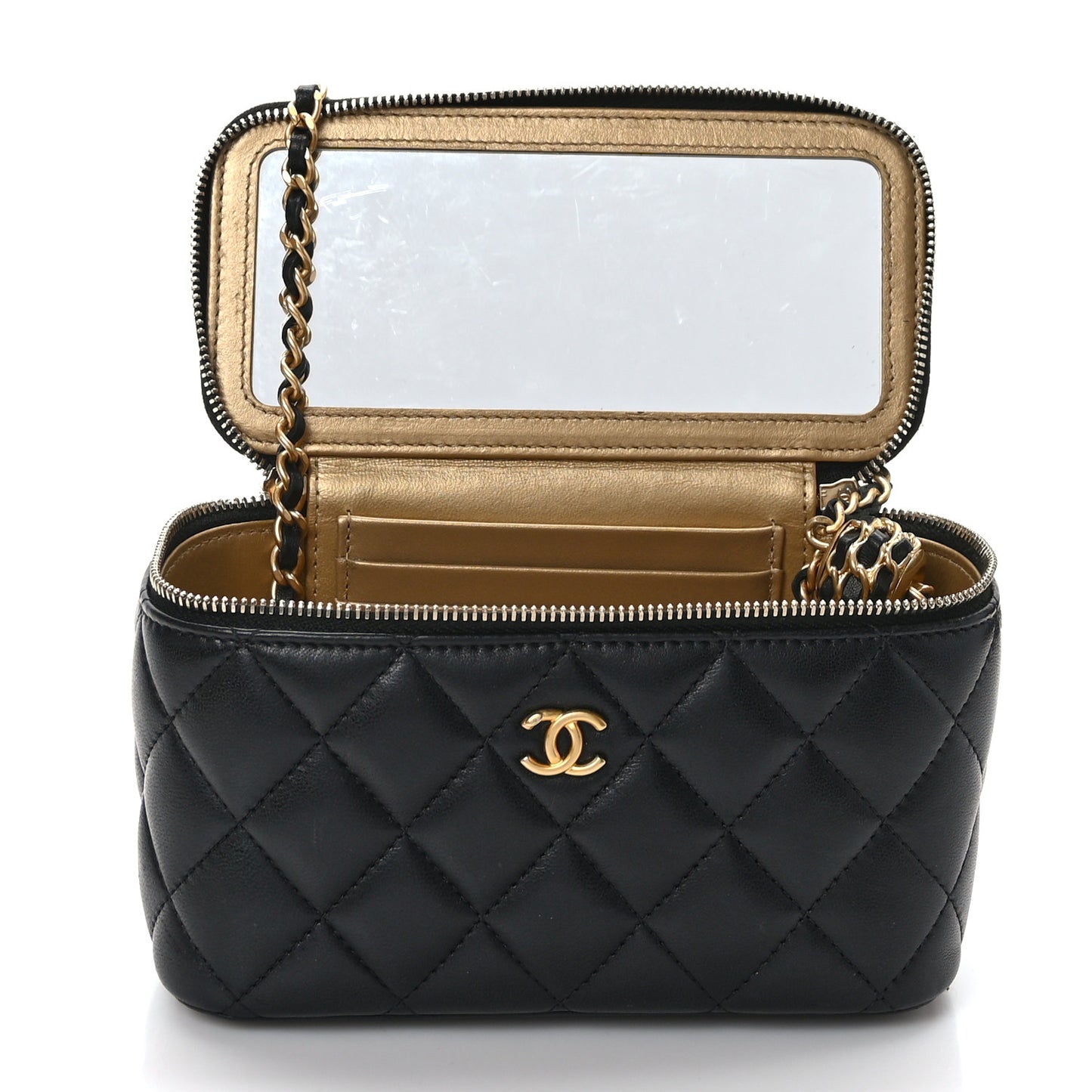 Lambskin Quilted Pearl Crush Small Vanity Case With Chain Black
