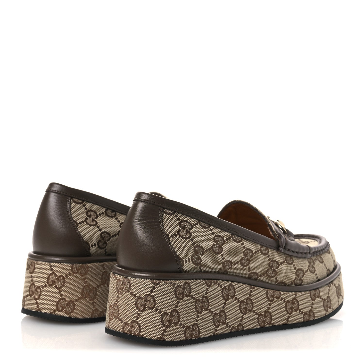 Gucci Monogram Horsebit Calfskin Womens Horsebit Wedge Platform Loafers 37 Beige Ebony 5 of 11