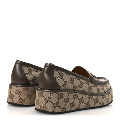 Gucci Monogram Horsebit Calfskin Womens Horsebit Wedge Platform Loafers 37 Beige Ebony 5 of 11