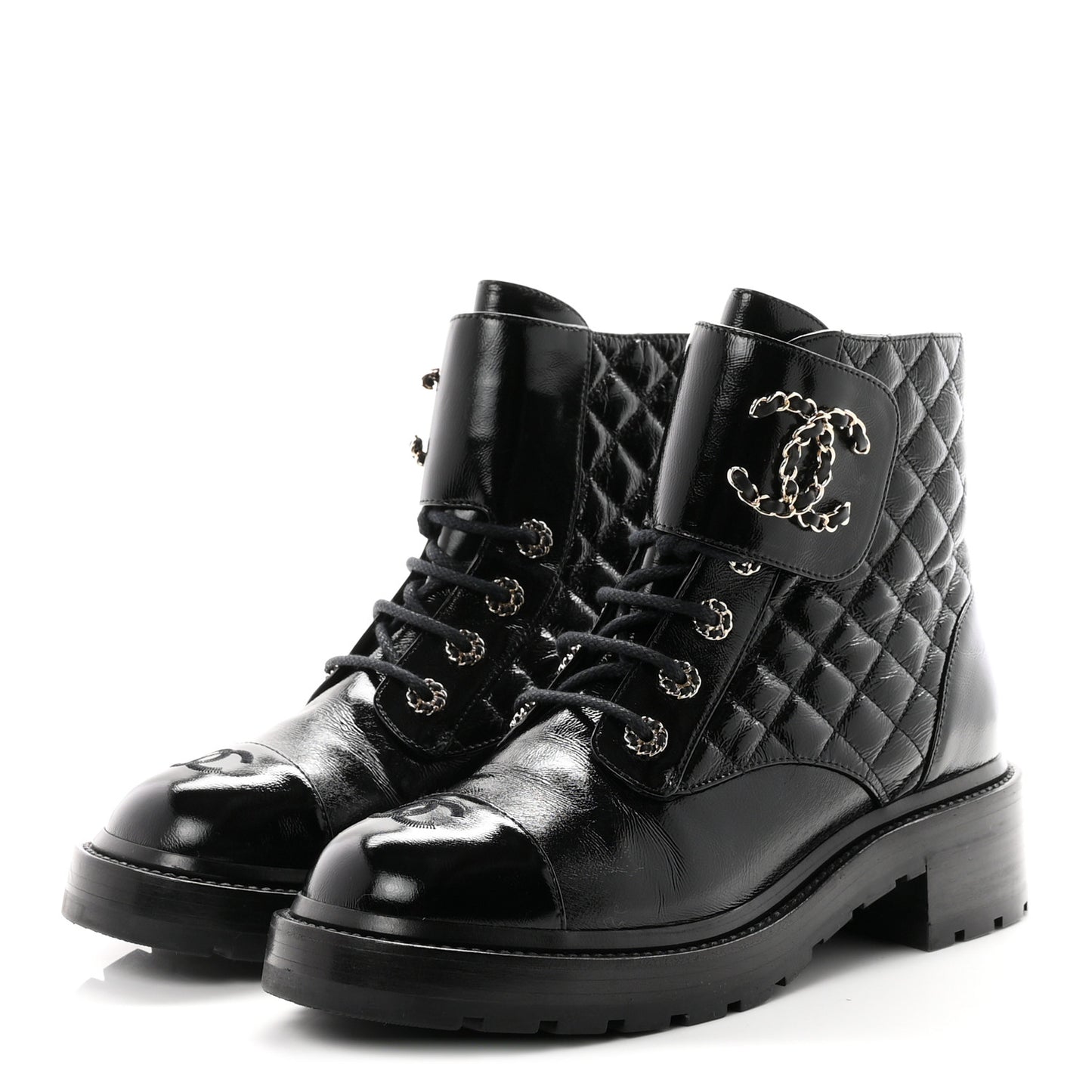 Shiny Calfskin Quilted Lace Up Combat Boots 40.5 Black