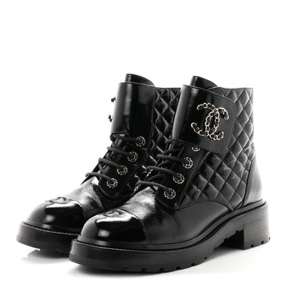 Chanel Shiny Calfskin Quilted Lace Up Combat Boots 40.5 Black 4 of 11