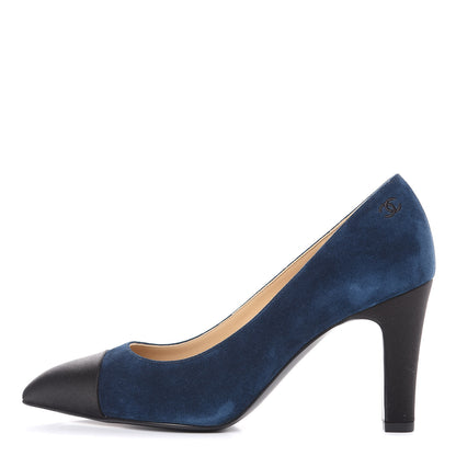 Chanel Suede Satin Cap Toe Gabrielle Pumps 37 Navy Black 1 of 10