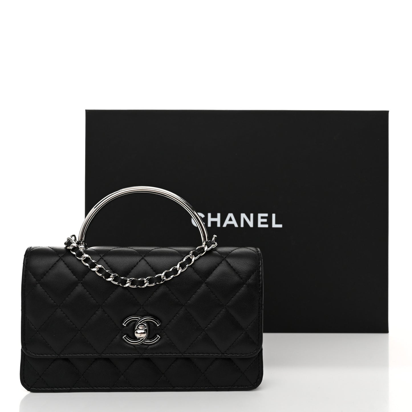 Lambskin Quilted Metal Top Handle Crossbody Flap Black