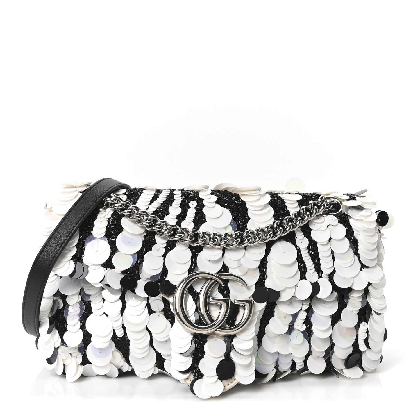 Satin Sequin Beaded Zebra Small GG Marmont Shoulder Bag Black White
