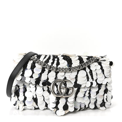 Gucci Satin Sequin Beaded Zebra Small GG Marmont Shoulder Bag Black White 1 of 10