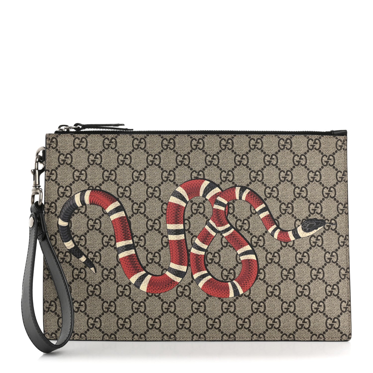 Gucci GG Supreme Monogram Kingsnake Zip Wristlet Pouch Beige Black 1 of 11
