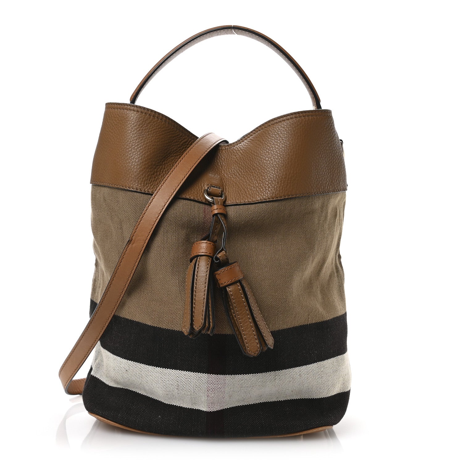 Burberry Grainy Calfskin Canvas Mega Check Medium Ashby Tassel Hobo Saddle Brown 1 of 14