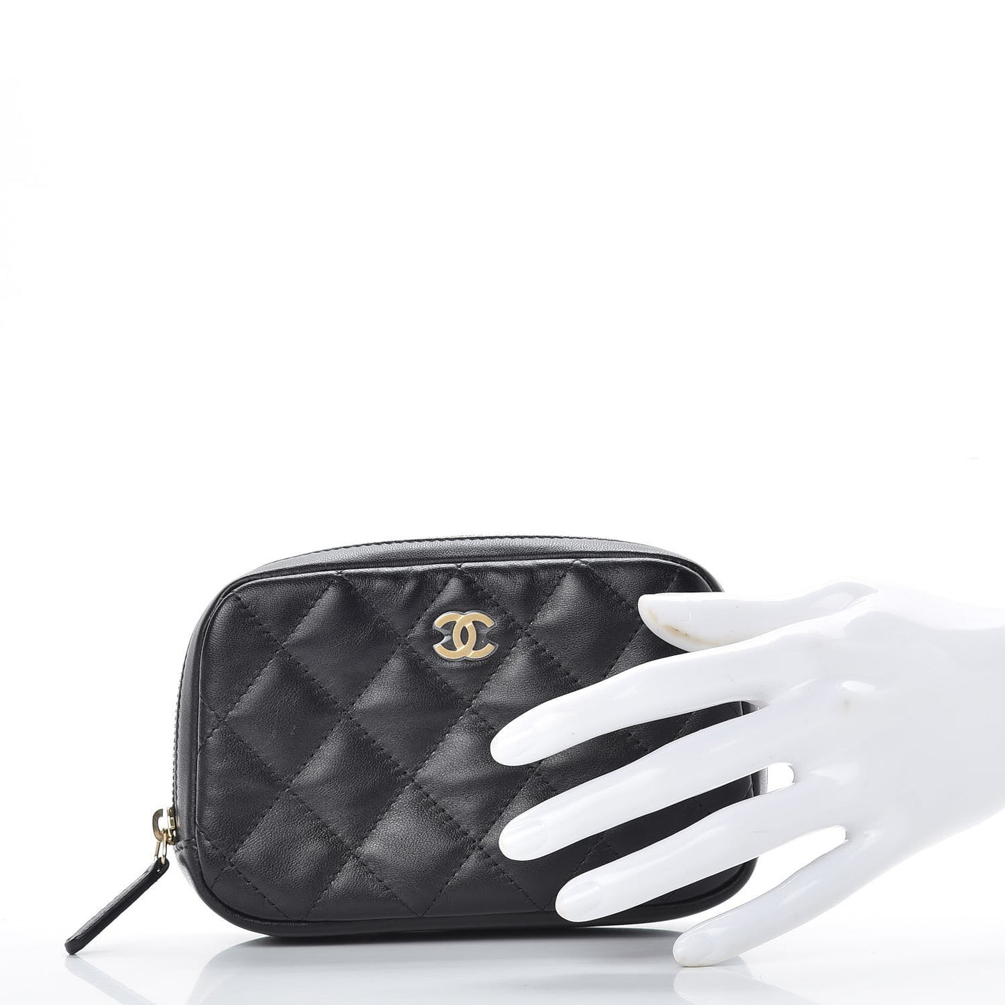 Lambskin Quilted Small Curvy Pouch Cosmetic Case Black