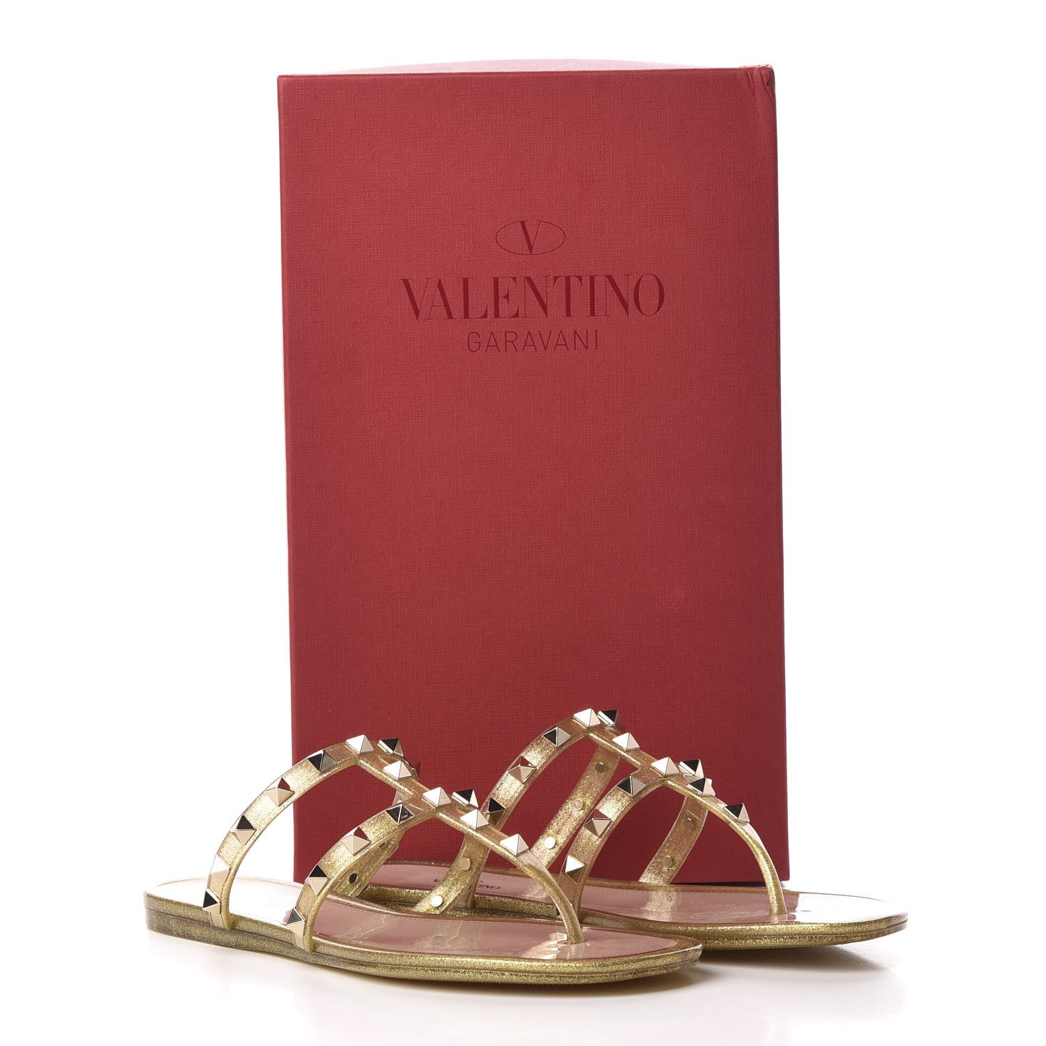 Valentino Garavani PVC Jelly Glitter Rockstud Caged Flat Thong Sandals 36 Oro 8 of 8