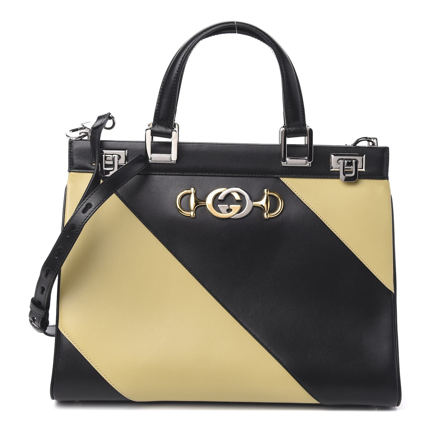 Smooth Calfskin Diagonal Striped Medium Zumi Top Handle Bag Black Beige