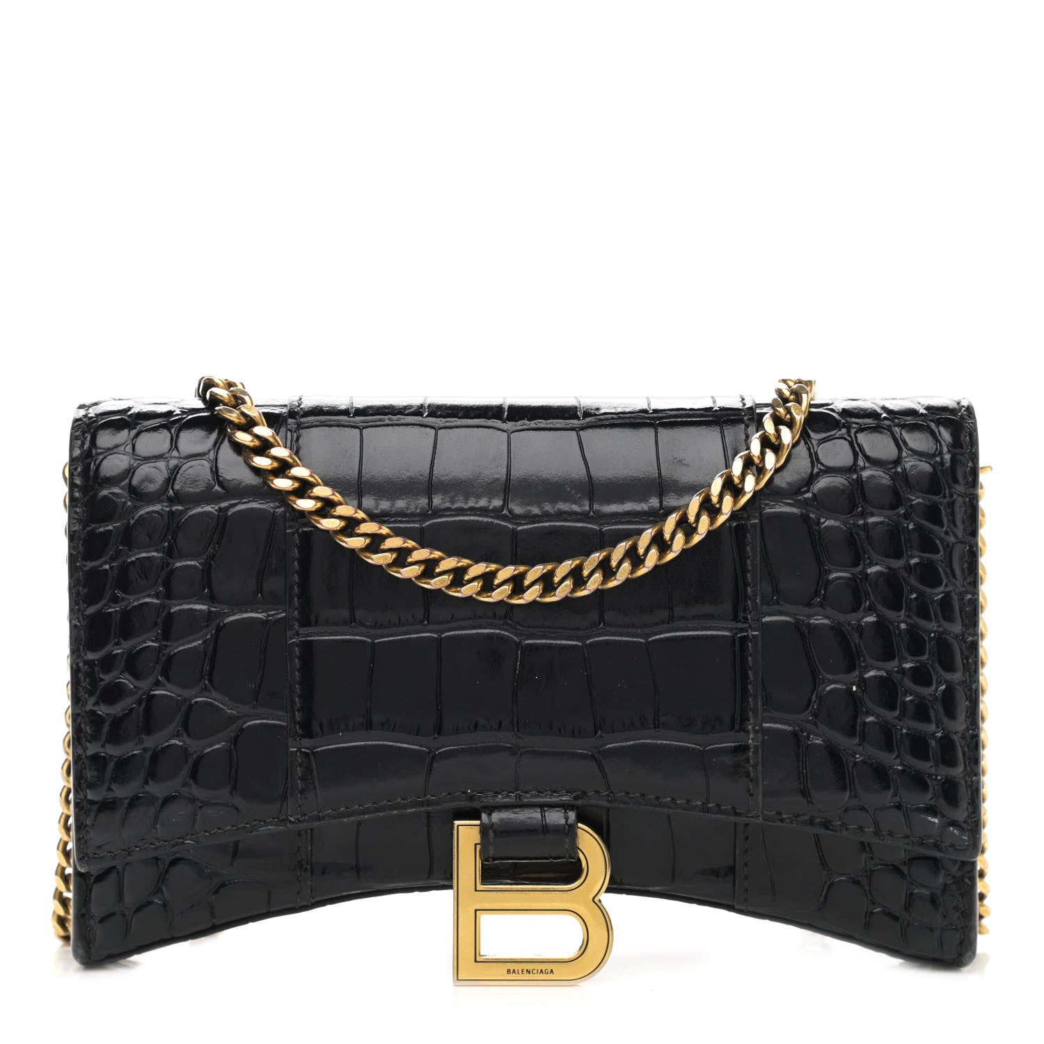 Balenciaga Shiny Calfskin Crocodile Embossed Hourglass Chain Bag Black 1 of 11
