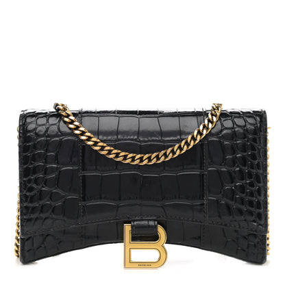 Balenciaga Shiny Calfskin Crocodile Embossed Hourglass Chain Bag Black 1 of 11