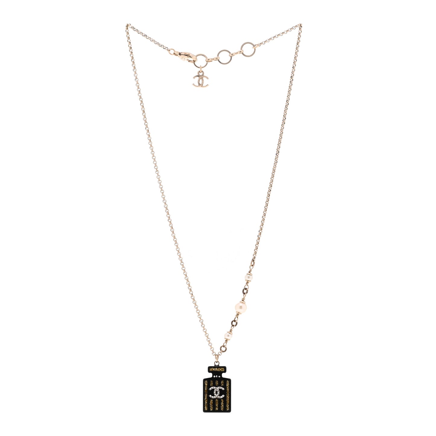 Resin Strass Pearl Perfume Bottle CC Necklace Black Gold