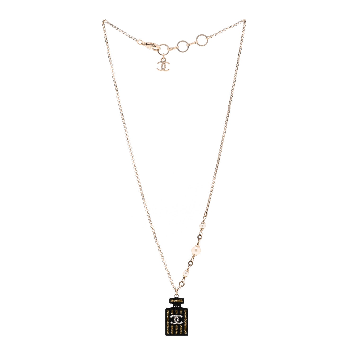 Chanel Resin Strass Pearl Perfume Bottle CC Necklace Black Gold 3 of 6