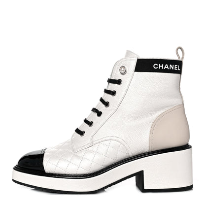 Chanel Pearly Calfskin Patent Calfskin Quilted Lace Up Boots 40 White Light Gray Black 1 of 8