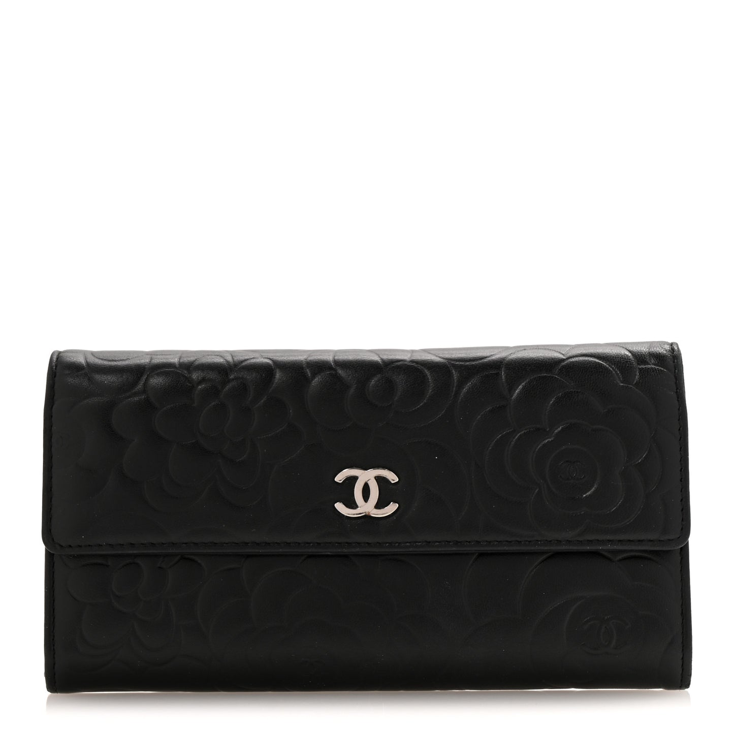 Lambskin Embossed Camellia Large Gusset Flap Wallet Black