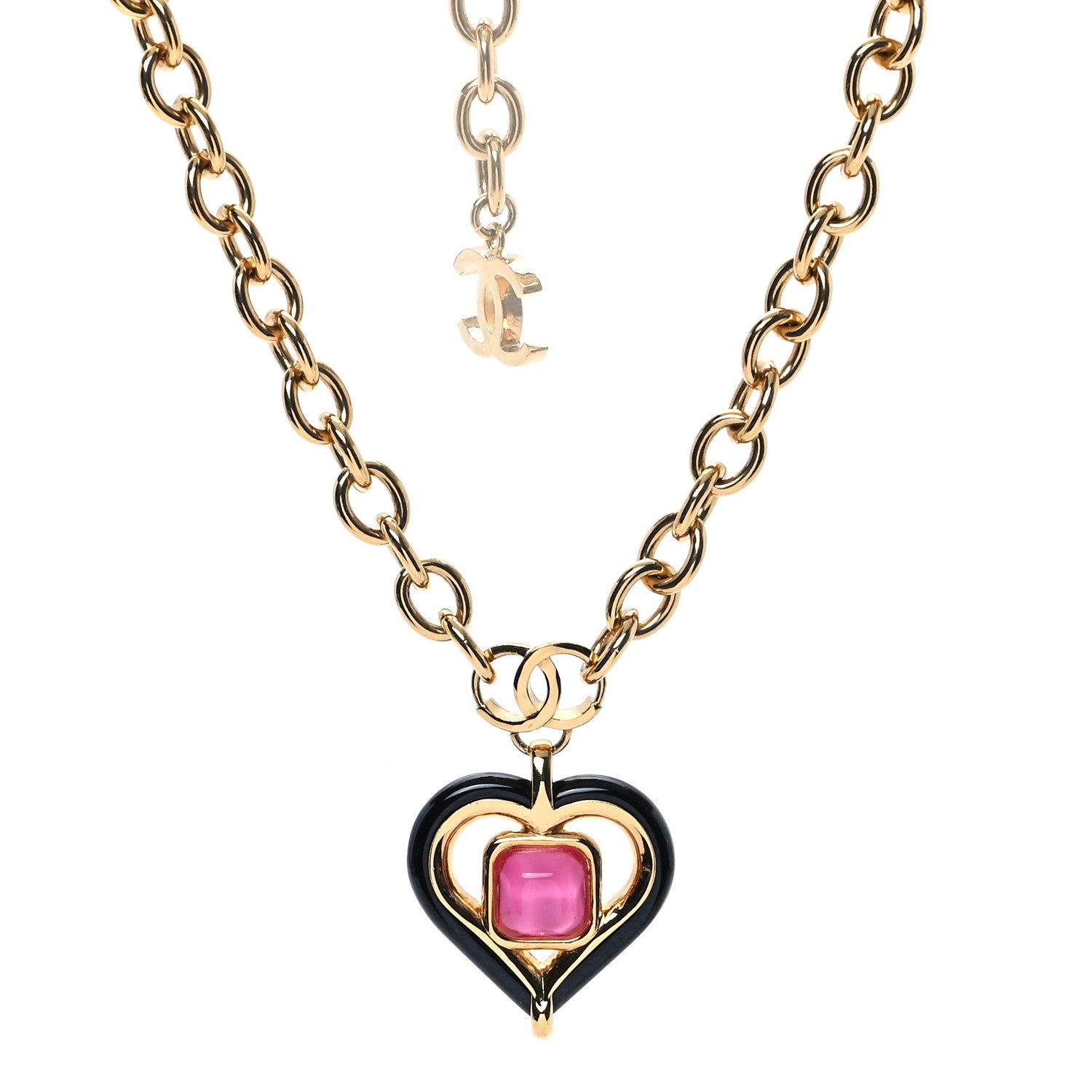 Chanel Resin Crystal Heart CC Pendant Necklace Gold Pink Black 1 of 4