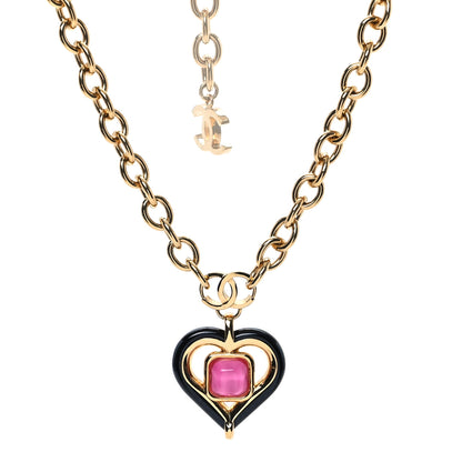 Chanel Resin Crystal Heart CC Pendant Necklace Gold Pink Black 1 of 4