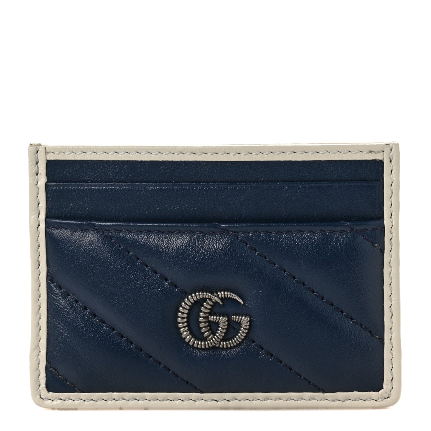 Vintage Effect Calfskin Matelasse Diagonal Torchon GG Marmont Card Holder Blue Agata Mystic White