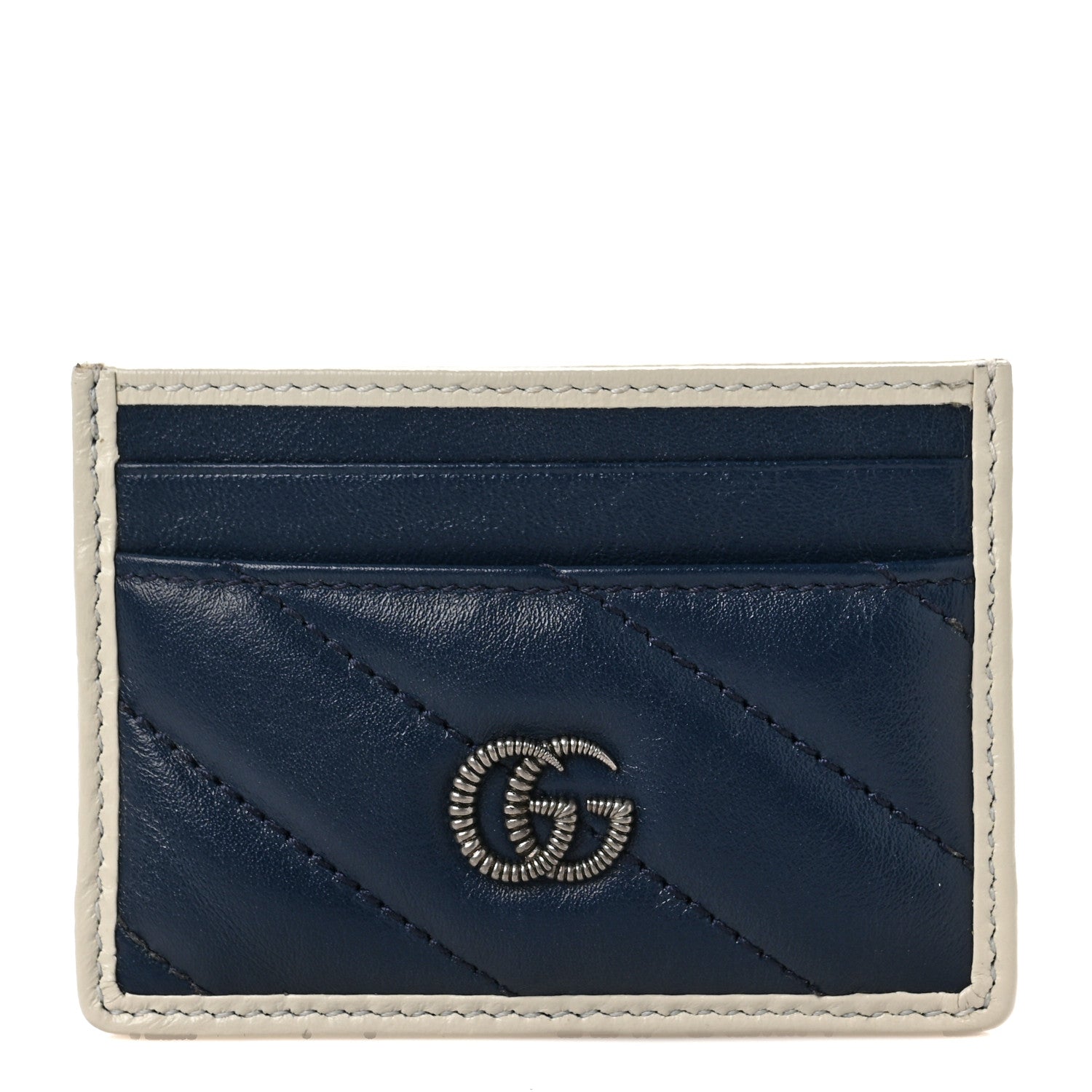 Gucci Vintage Effect Calfskin Matelasse Diagonal Torchon GG Marmont Card Holder Blue Agata Mystic White 1 of 6