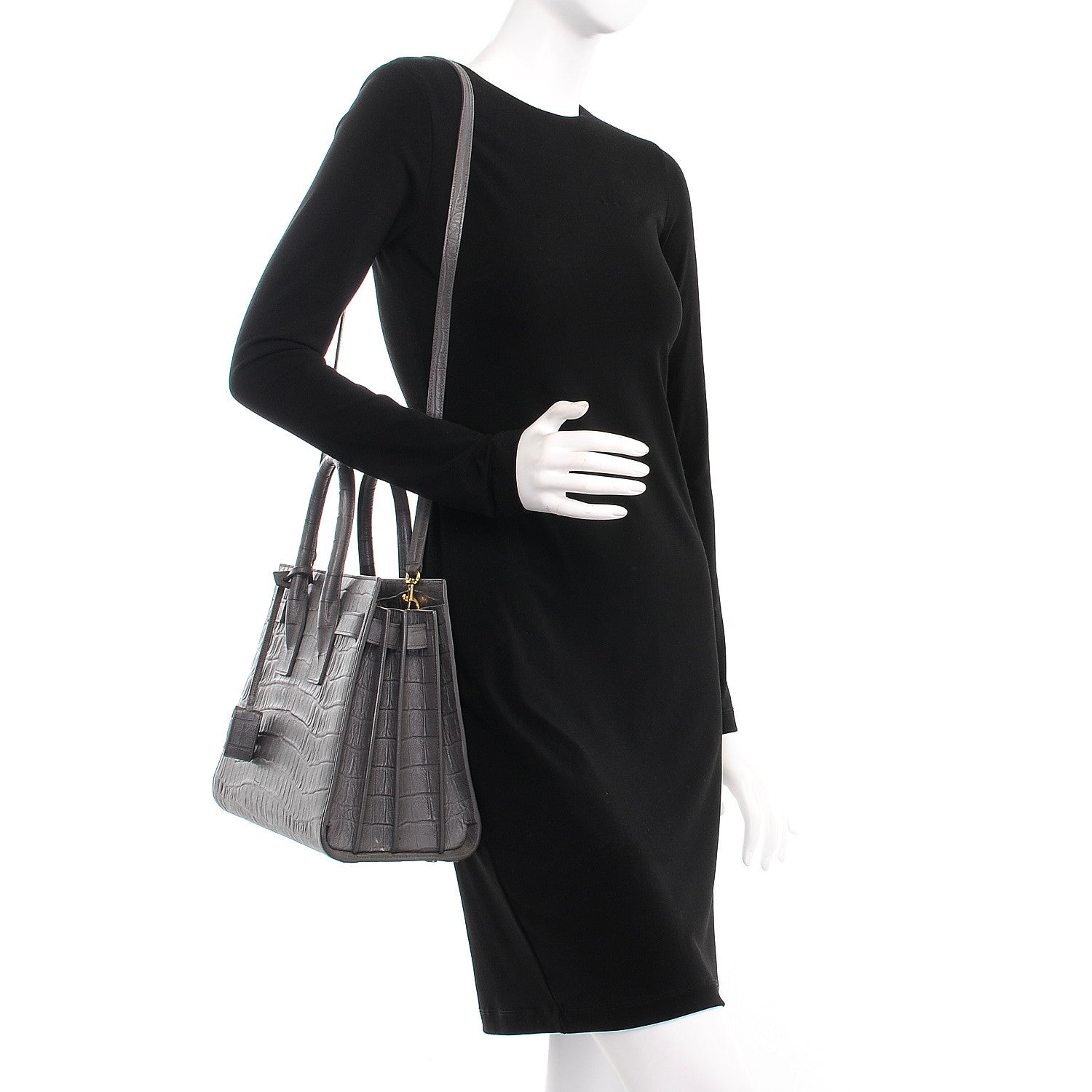 Saint Laurent Calfskin Crocodile Embossed Small Sac De Jour Fog 2 of 8