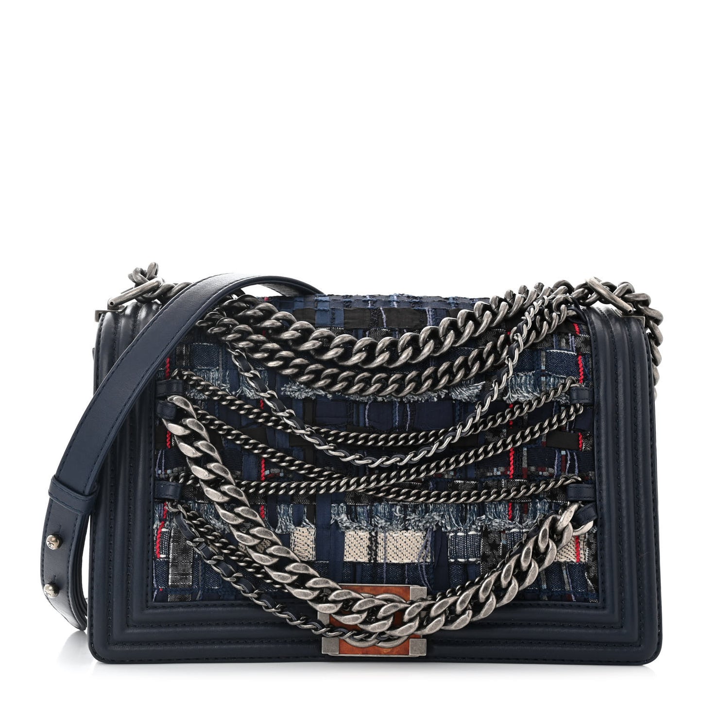 Lambskin Denim Tweed Medium Enchained Boy Flap Navy Blue