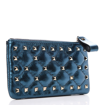 Valentino Garavani Metallic Wrinkled Lambskin Rockstud Spike Zip Coin Purse Peacock 3 of 6