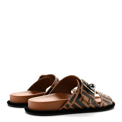 Fendi Calfskin FF Embossed Pearland Slide Sandals 37.5 Tobacco Moro 5 of 8