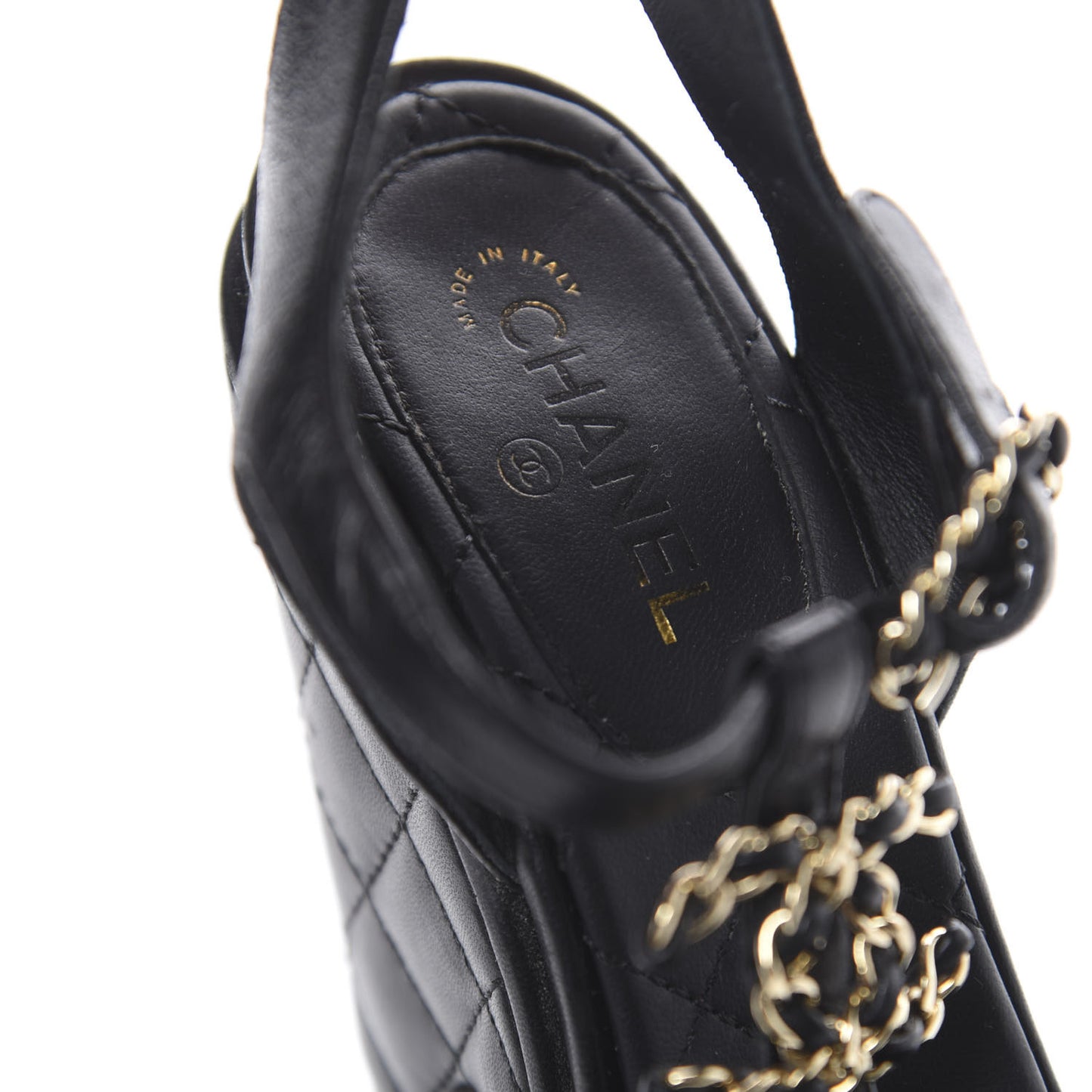 Lambskin Quilted Chain CC Wedge Sandals 36.5 Black