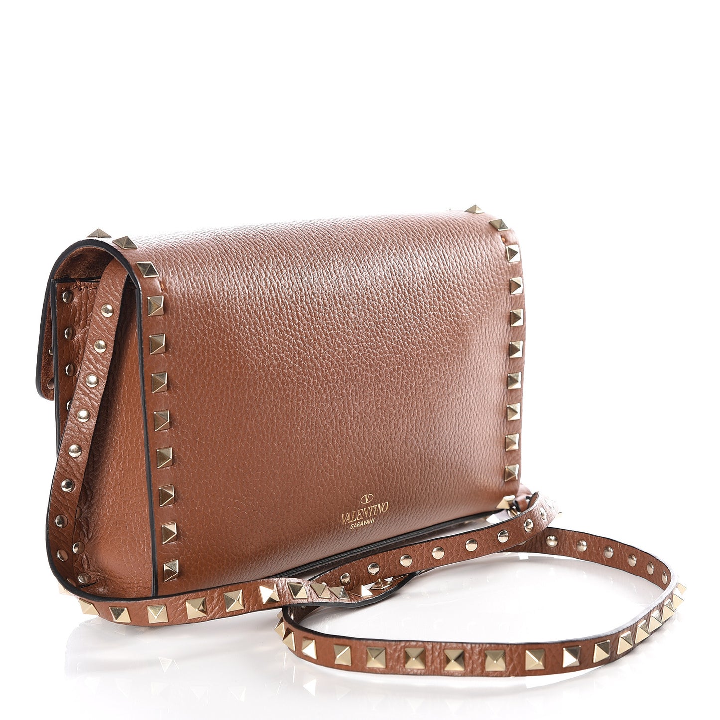 Pebbled Calfskin Medium Rockstud Flip Lock Crossbody Bag Bright Cognac