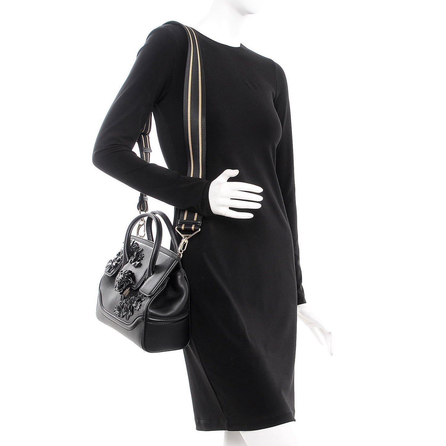 Calfskin Floral Appliques Medium Palazzo Empire Bag Black
